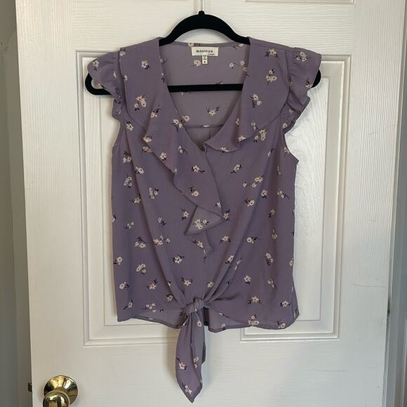 Monteau Small Womens Top Ruffles Purple Light Flowers Tie Bottom Style 28530 - Picture 1 of 8